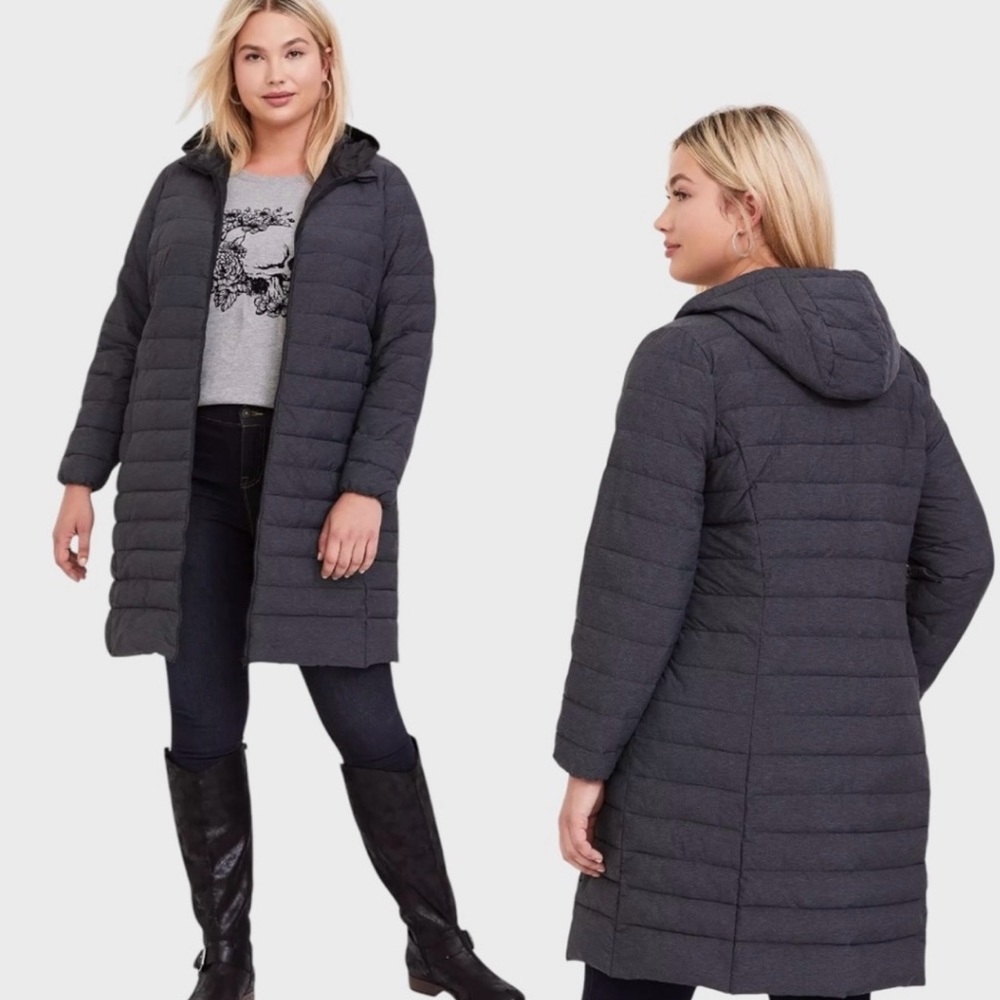 Torrid Black Longline Puffer Coat with packable bag- great for traveling